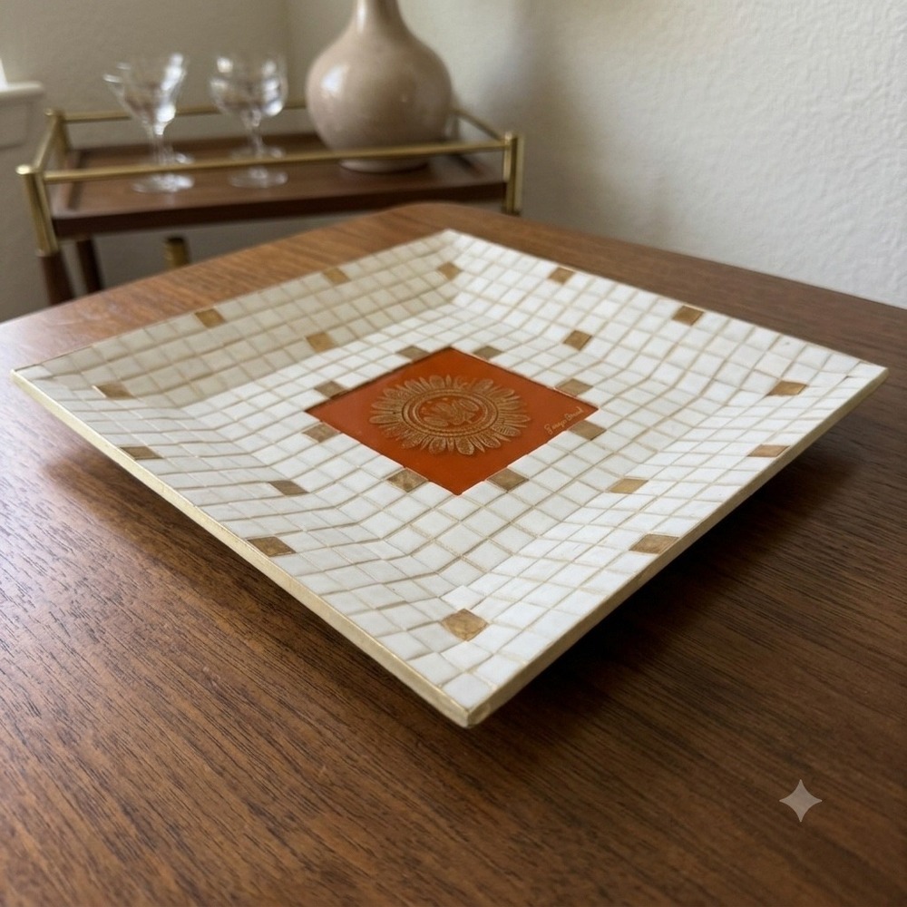 Georges Briard Vintage Mid Century Square Mosaic Sunburst Crown Tray Orange Gold